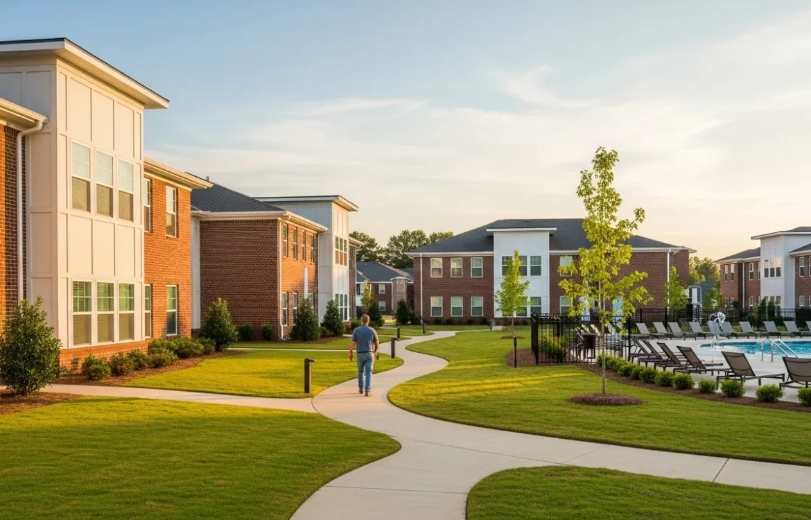 Modern apartments in Walls MS featuring contemporary architecture and lush landscaping in a quiet neighborhood.