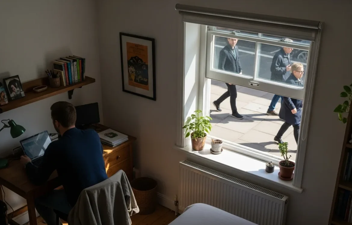 A street level window view of a sidewalk to illustrate are garden level apartments loud for prospective tenants.