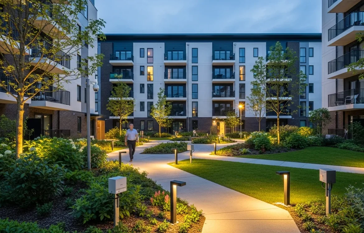 A well-lit residential courtyard showcasing security features and asking are garden style apartments safe for tenants.