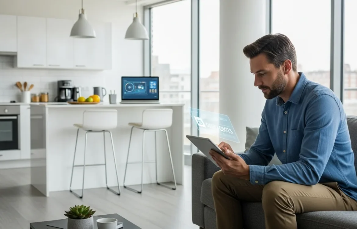 A man reviewing the average electric bill for 1 bedroom apartment on a digital tablet in a modern living room.