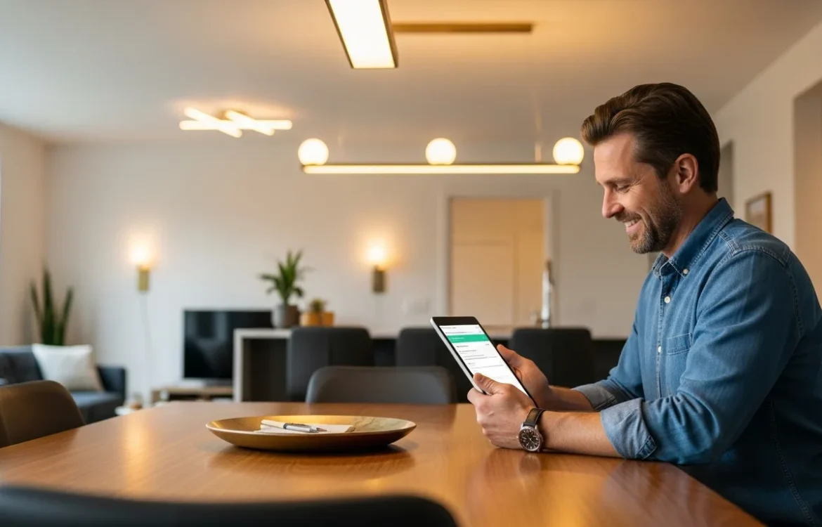 Calculating the average light bill for 2 bedroom apartment on a tablet in a modern, bright home.