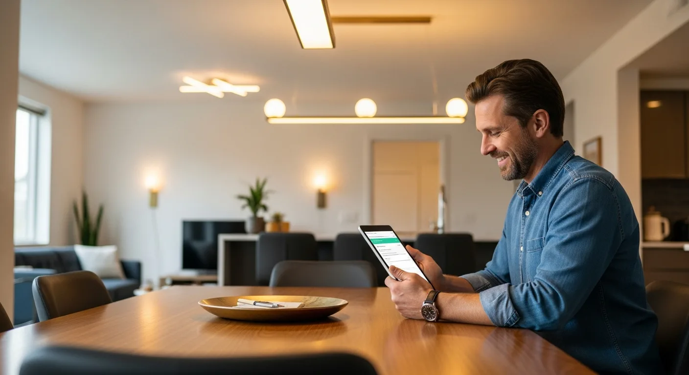 Calculating the average light bill for 2 bedroom apartment on a tablet in a modern, bright home.