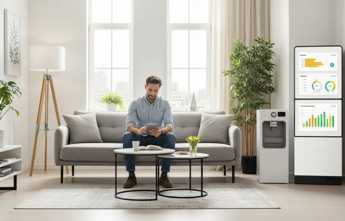 A man reviewing his monthly expenses and the average light bill for apartment on a digital tablet in a modern home.