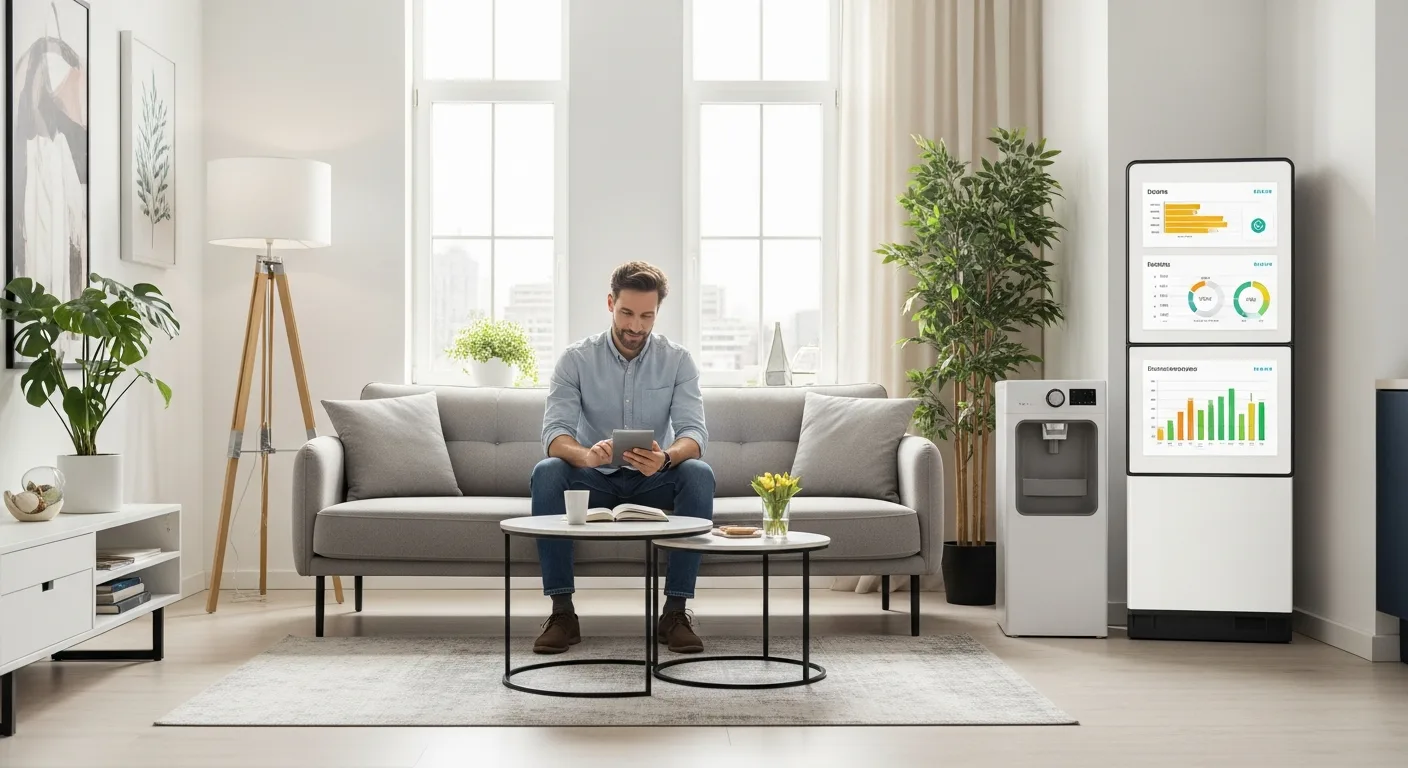 A man reviewing his monthly expenses and the average light bill for apartment on a digital tablet in a modern home.