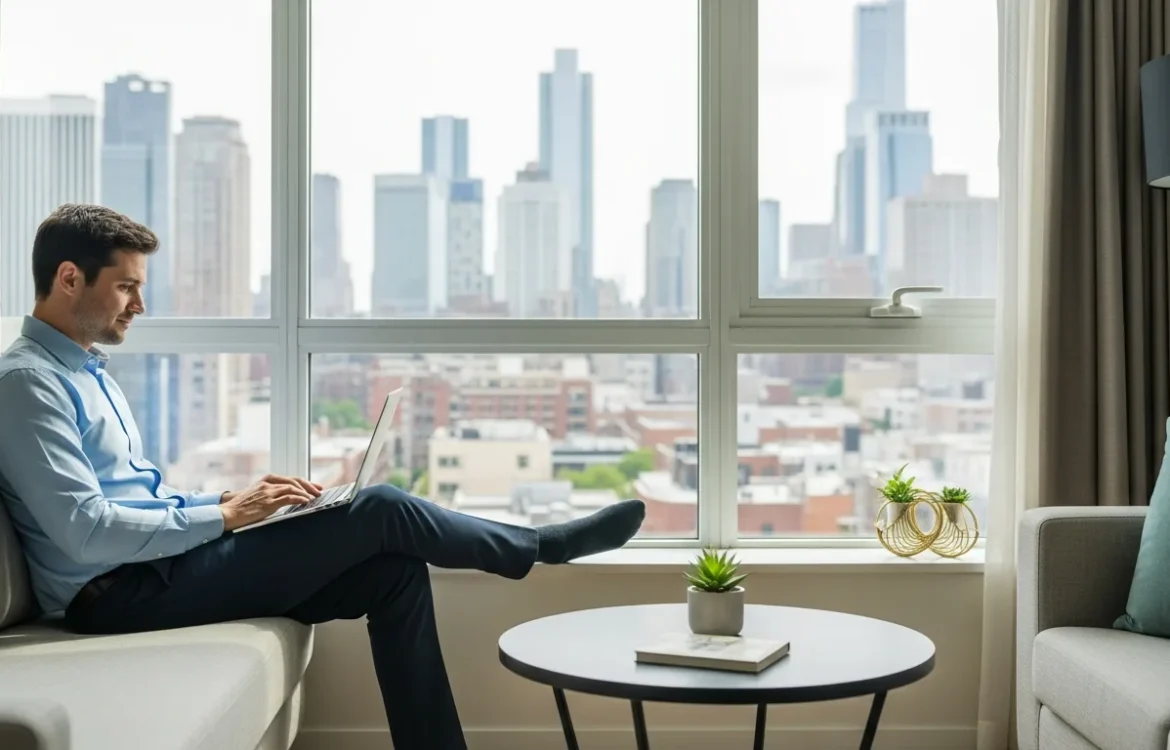 A man reviewing housing data regarding the average one bedroom apartment rent in a modern living space.