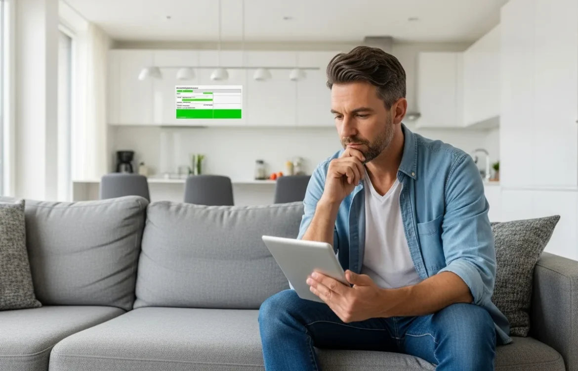 A man reviewing the average power bill for a 2 bedroom apartment on a digital tablet in a modern living room.