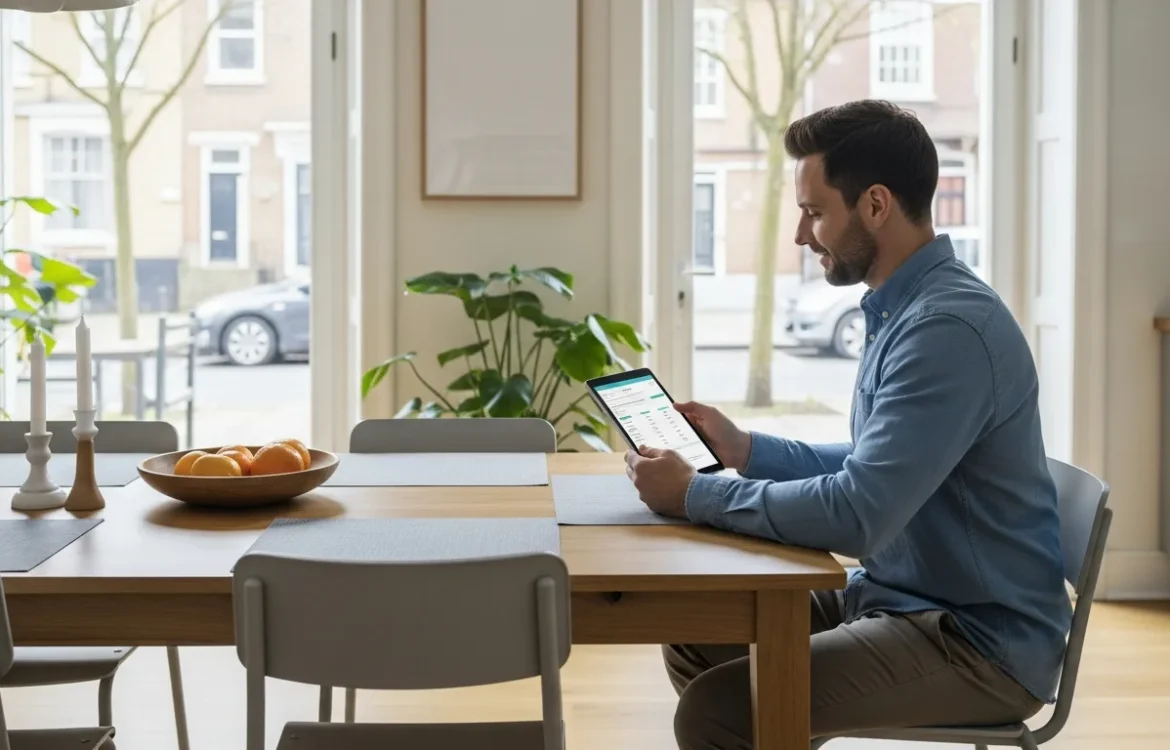 A man reviewing average utility costs for ground floor rentals on a tablet in a modern apartment.