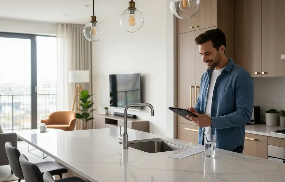 A man reviewing the average water bill for 1 bedroom apartment on a digital tablet in a modern kitchen.