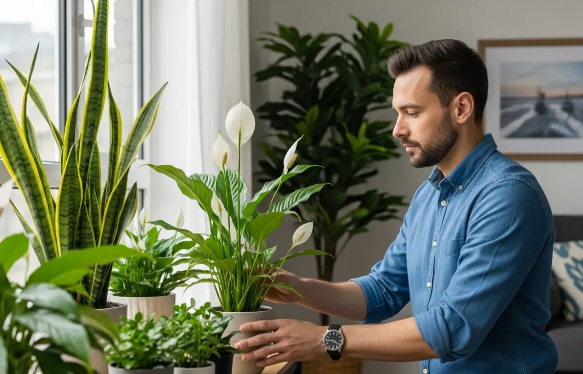 A lush indoor collection of the best air purifying plants for ground floor apartments in a sunlit living area.