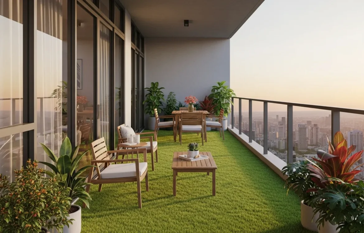 Lush green turf on a modern terrace showing the best artificial grass for apartment balconies.
