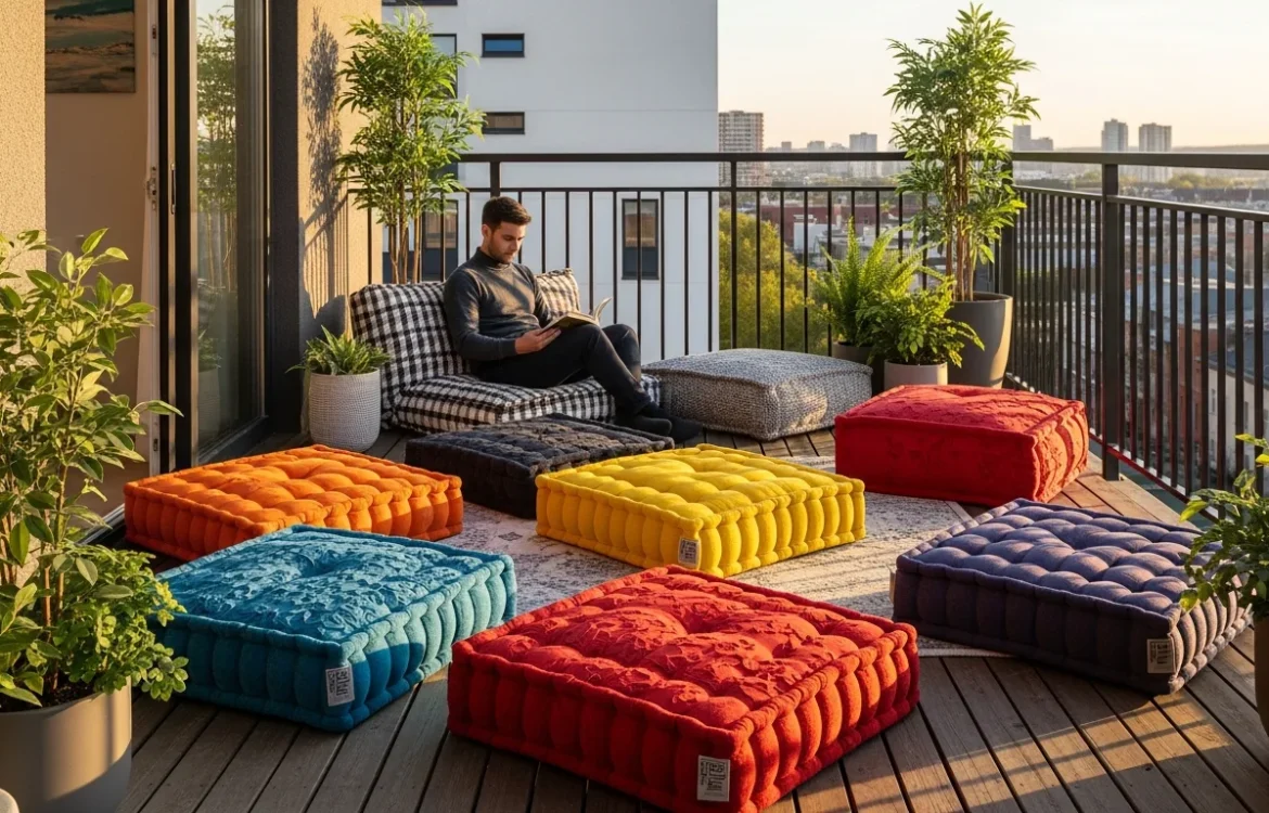Cozy arrangement of the best floor pillows for apartment balcony seating in a modern urban outdoor space.