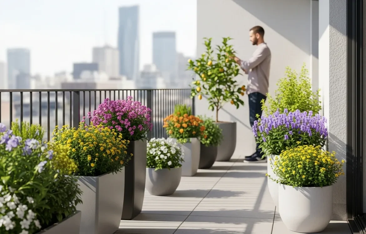 A variety of the best lightweight planters for apartment balconies arranged on a sunny wooden deck.
