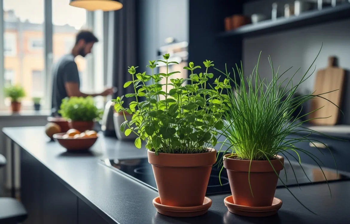Best low light herbs for apartment kitchens growing in ceramic pots on a dimly lit kitchen counter.
