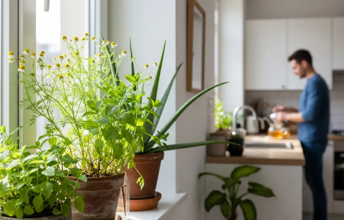 A collection of the best medicinal herbs to grow in an apartment arranged on a bright, sunny windowsill.
