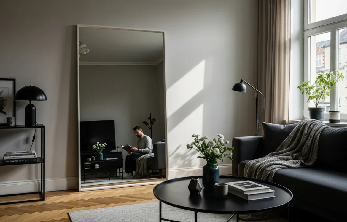 A large arched floor mirror, one of the best mirrors to bounce light in dark apartments, reflecting a bright window.