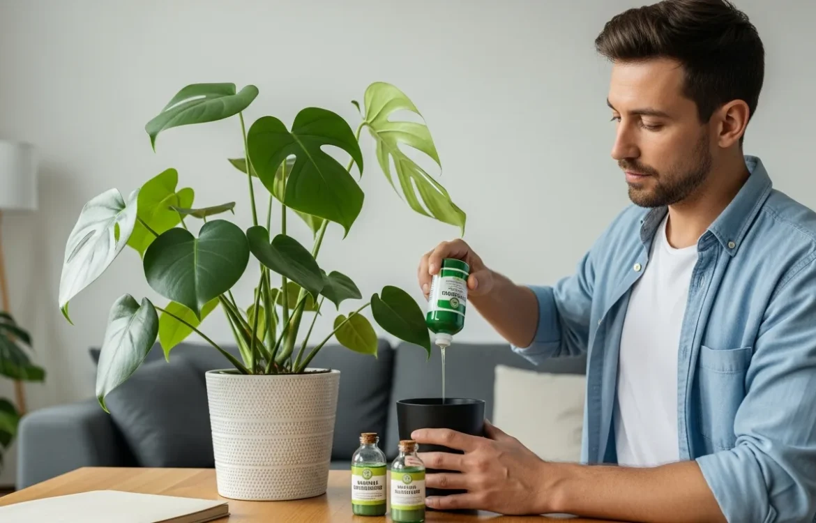A man applying the best organic fertilizers for indoor apartment plants to a healthy monstera in a sunlit room.