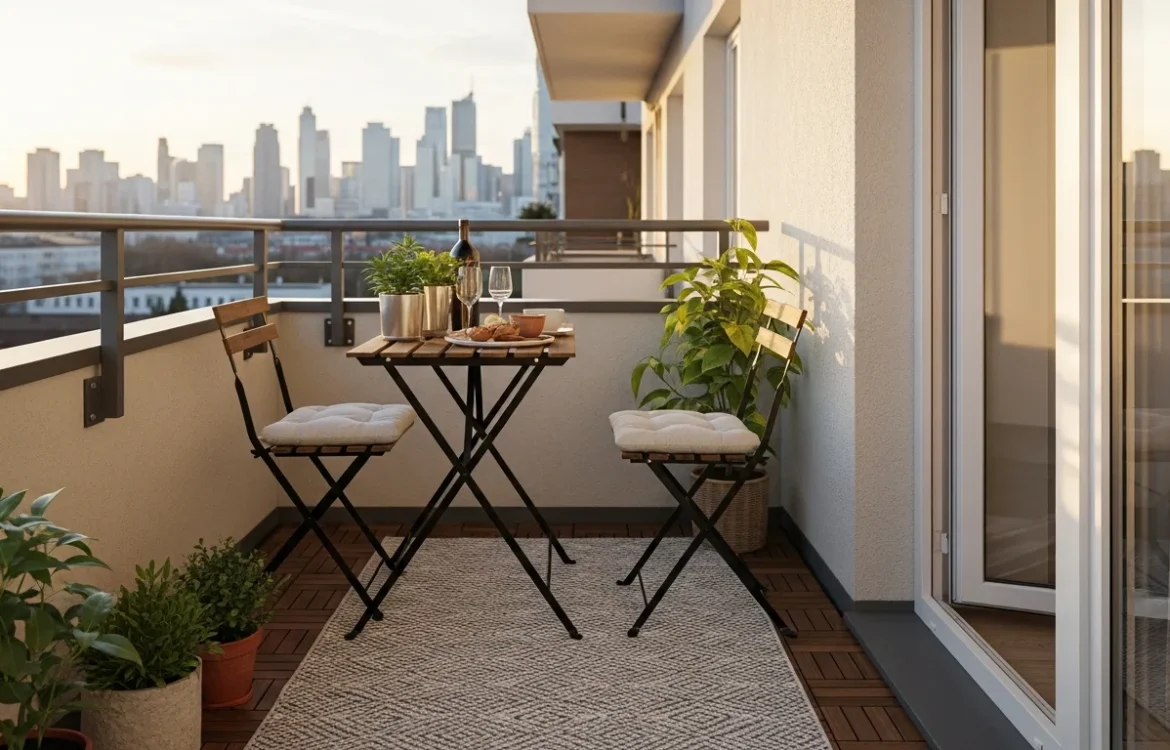 A cozy setup featuring the best outdoor furniture for small apartment balconies on a modern high-rise terrace.