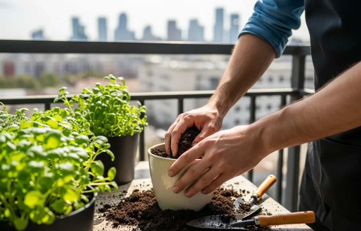 A man using the best potting soil for apartment container gardening to plant herbs on a sunny balcony.