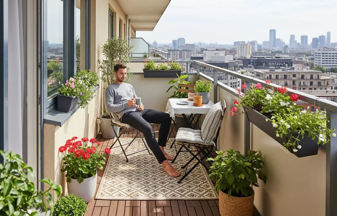 A stylish outdoor space showcasing the best rug types for an apartment balcony with modern patio furniture.