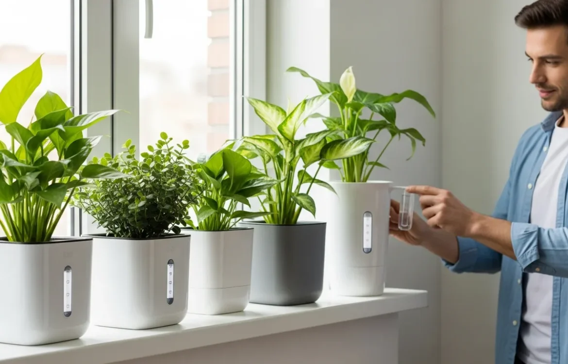 A collection of the best self watering pots for renters arranged on a sunlit windowsill in a modern apartment.