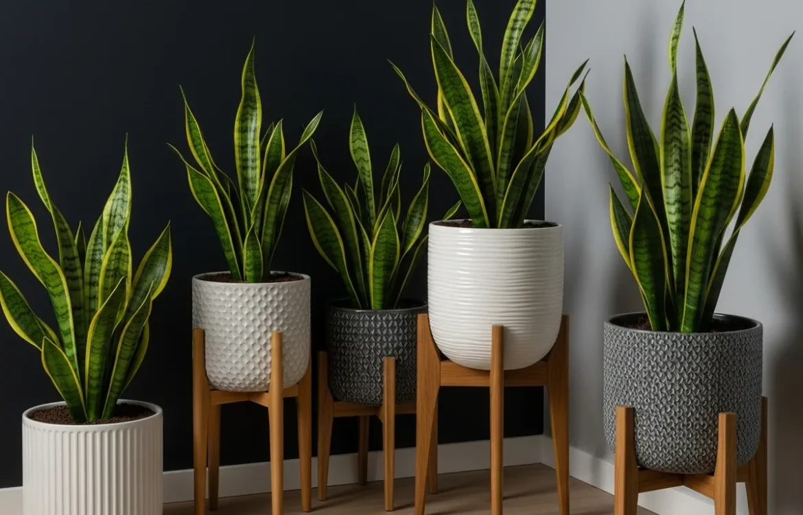 A collection of the best snake plants for low light apartments displayed in a modern, moody living room setting.