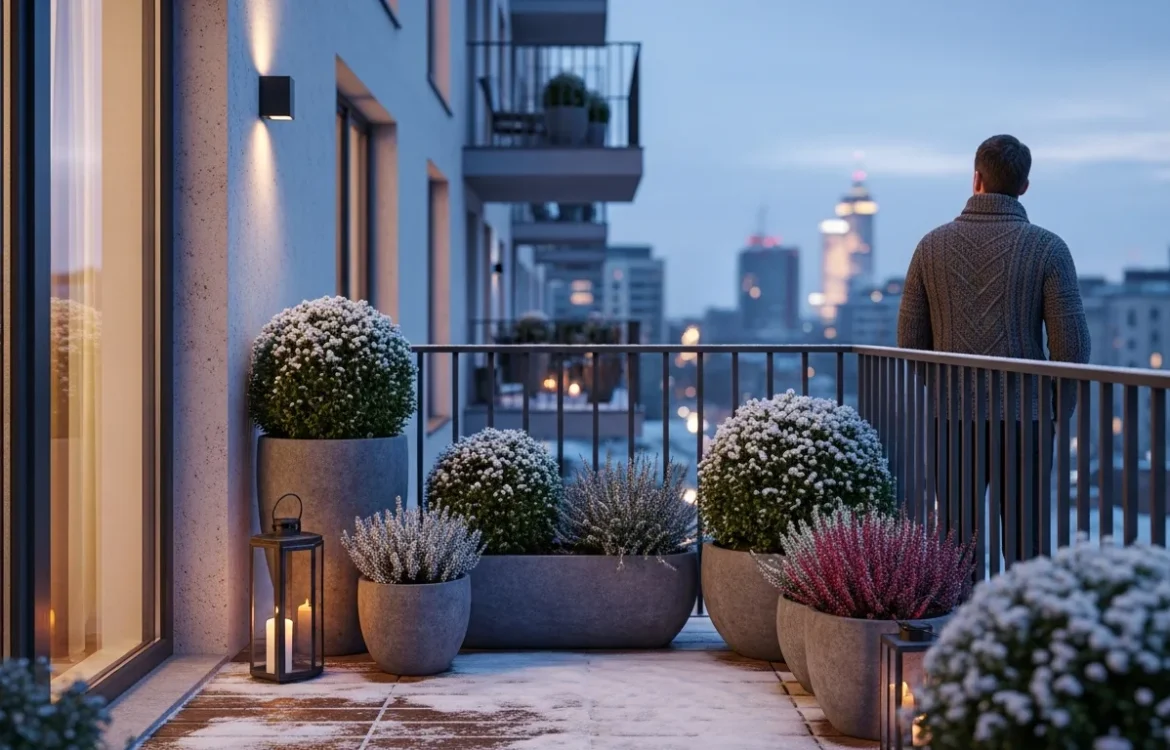 Arrangement of the best winter plants for apartment balcony containers including frost-resistant evergreens and heather.