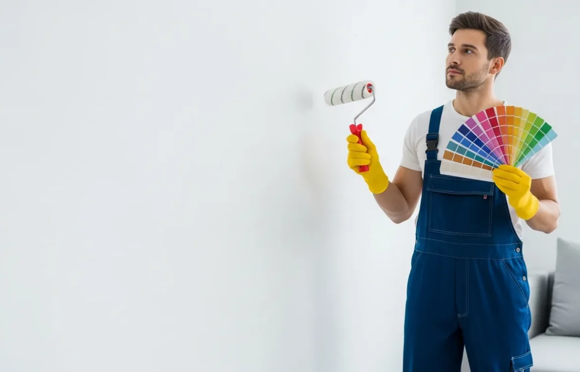 A man considering can you paint apartment walls while holding a paint roller and color swatches in a living room.