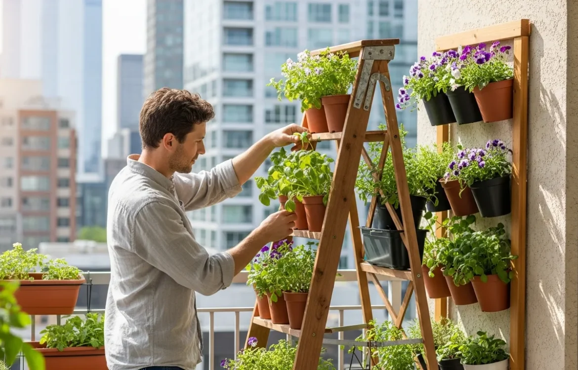 A vertical diy ladder planter for small apartment balconies filled with fresh green herbs and blooming flowers.