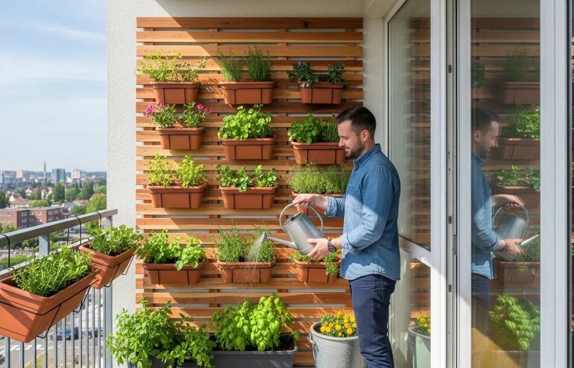 Creative diy vertical garden ideas for apartment balcony featuring lush plants on a wooden wall trellis.