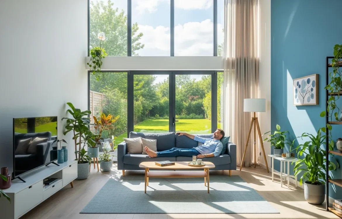 A man relaxes in a cool living room to see if a garden level apartment save money on AC during summer.