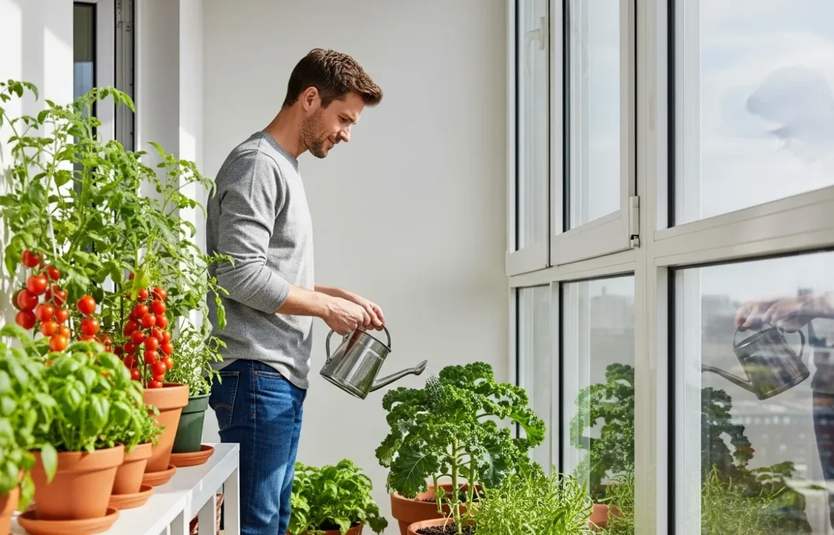 A small indoor garden featuring easy vegetables to grow in an apartment like lettuce and herbs on a windowsill.