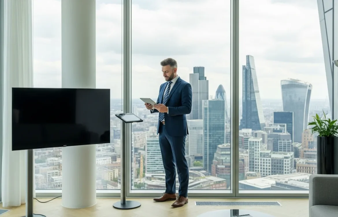 A professional checking the epc rating apartment 1407 10 marsh wall london on a tablet in a modern living room.