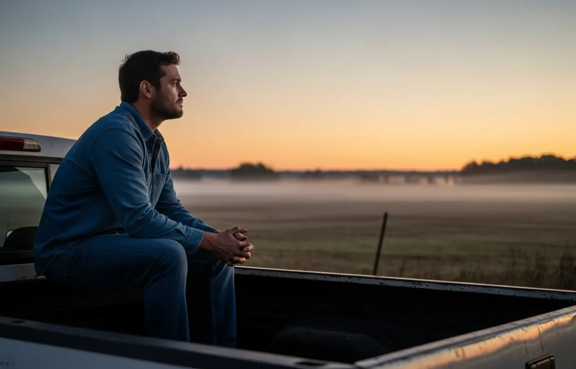 A man reflecting on a rural porch, capturing the emotion of the falling apart morgan wallen lyrics.