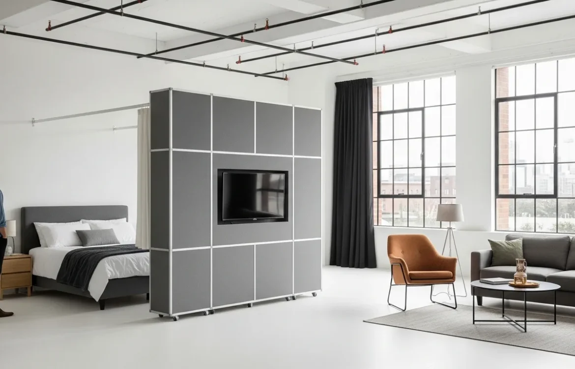 A modern flex wall apartment layout featuring a seamless temporary partition dividing the living area and bedroom.