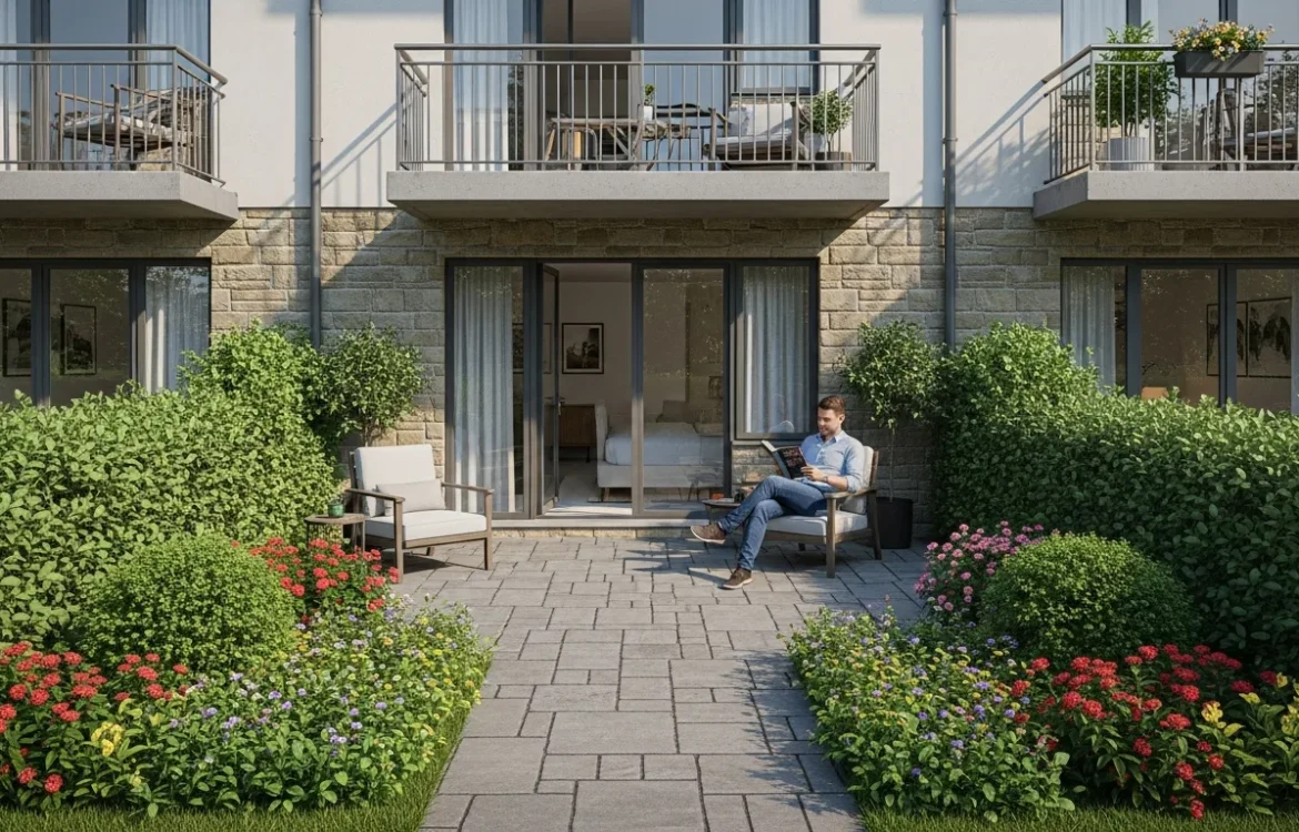 Exploring a garden apartment definition through a ground-level unit with private patio access and lush landscaping.