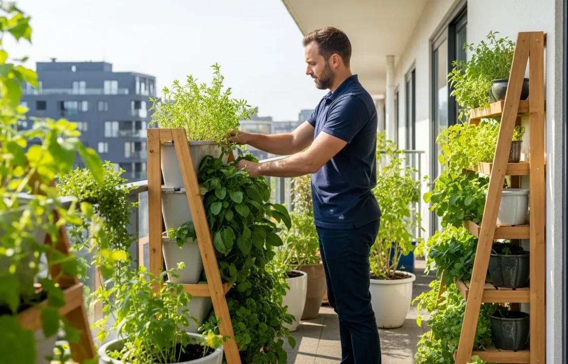 A lush and productive garden for apartments featuring vertical planters and potted herbs on a sunny balcony.