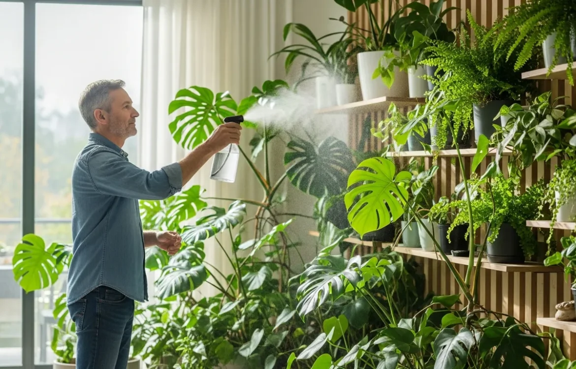 A man tending to his vibrant garden inside apartment with tiered shelves of lush greenery and grow lights.