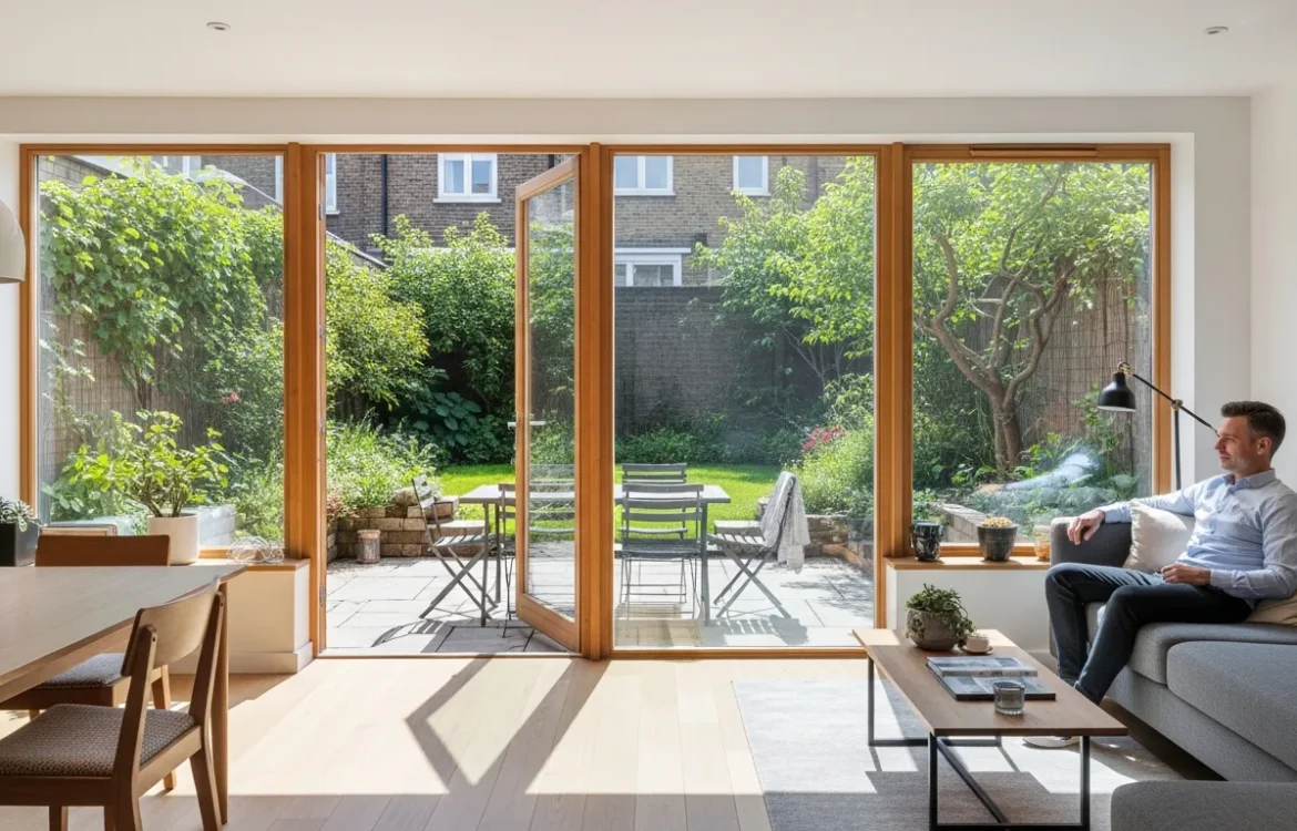 Bright and modern living area inside a cozy garden level apartment with views of a lush outdoor patio.