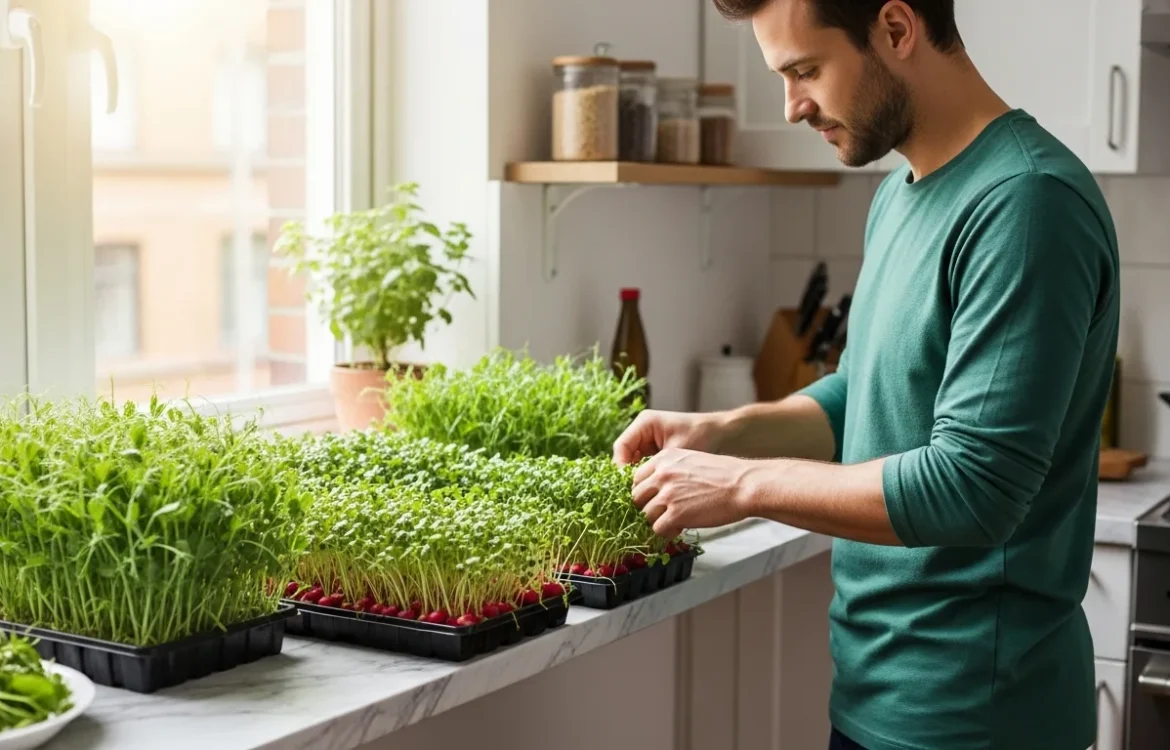 A man growing microgreens in a small apartment kitchen using tiered trays on a compact countertop.