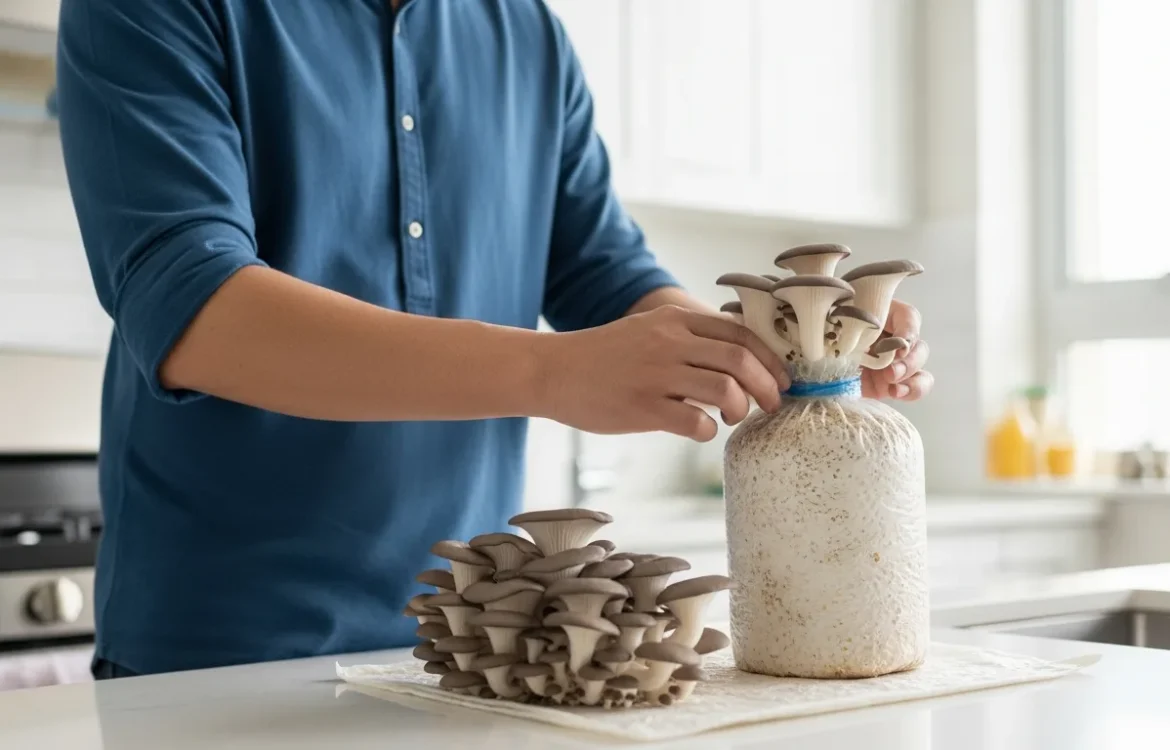 A man harvesting oyster mushrooms while growing mushrooms indoors in a rental apartment kitchen.