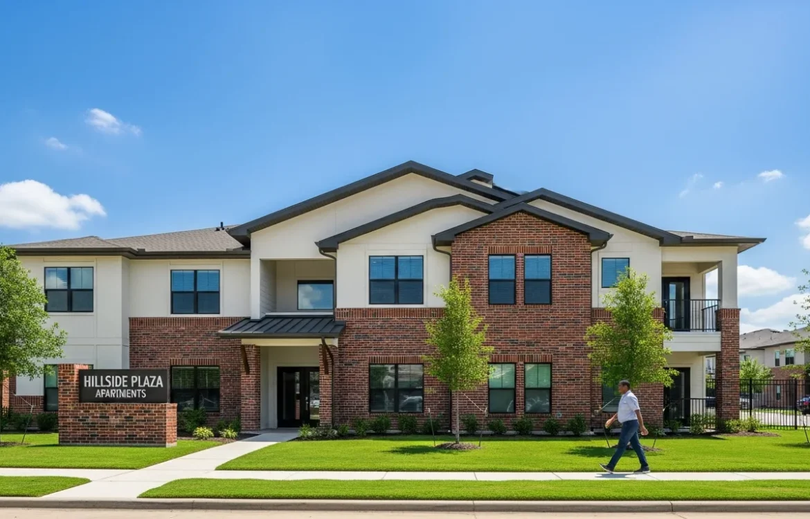 Exterior view of Hillside Plaza Apartments Waller TX featuring modern residential buildings and green landscaping.