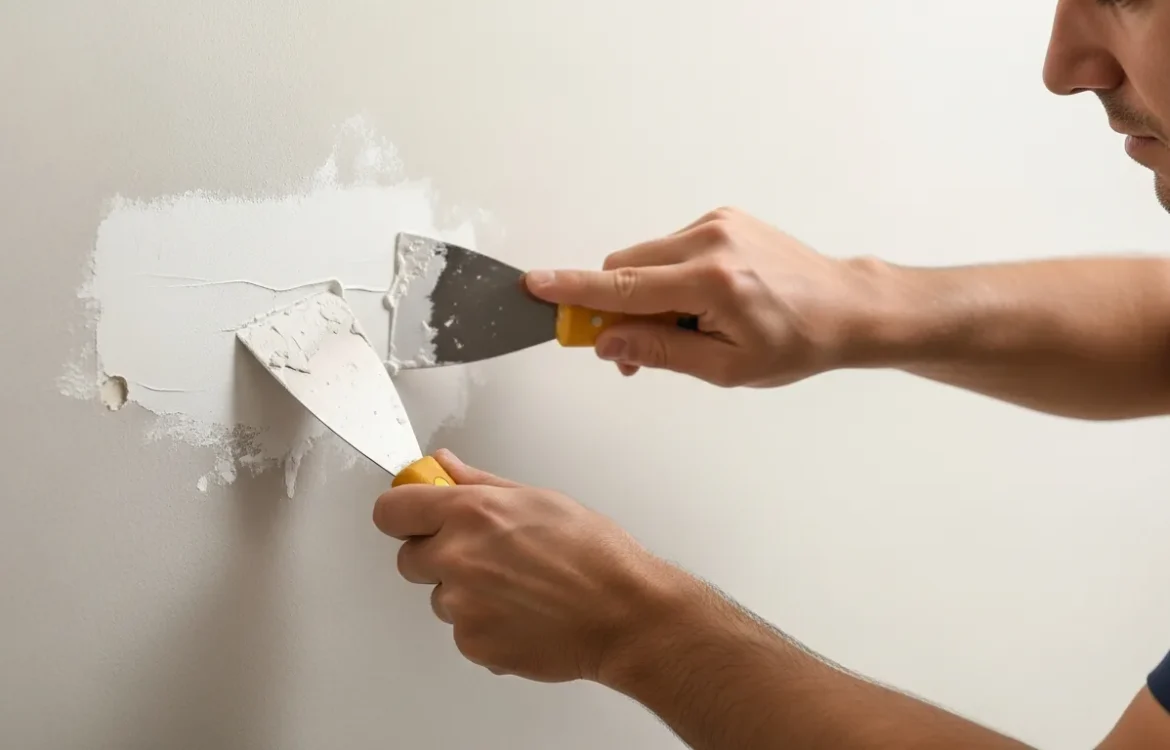 A man using a putty knife to repair a small hole in apartment wall with white spackle.