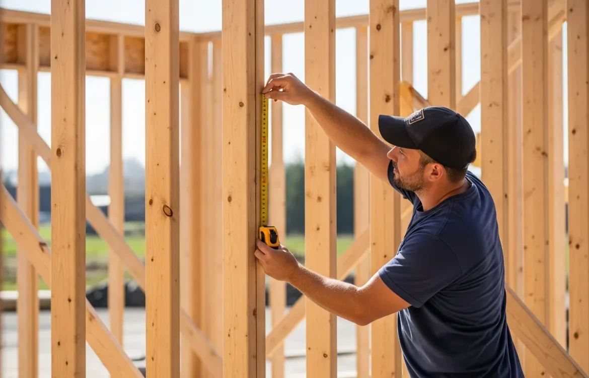 A tape measure checking how far are studs apart in a wall during a home construction project.