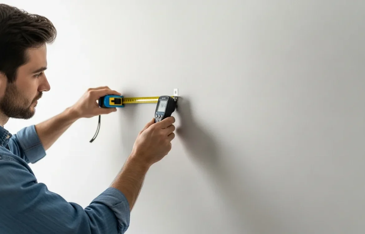 A man measuring how far should wall studs be apart on an interior wall with a tape measure.