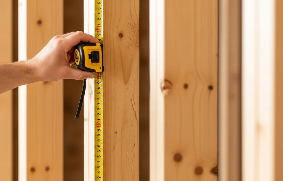 A close-up of a tape measure showing how many inches apart are wall studs during a home framing project.