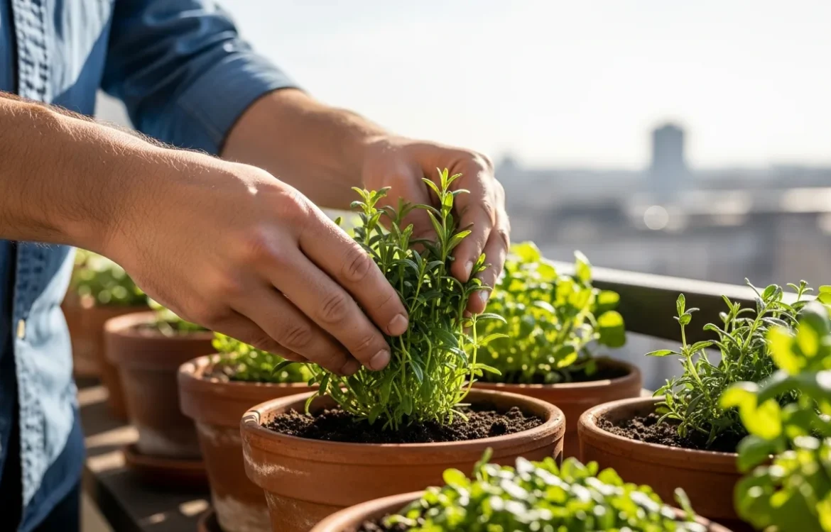 A man checking soil moisture to determine how often to water balcony container plants in terracotta pots.