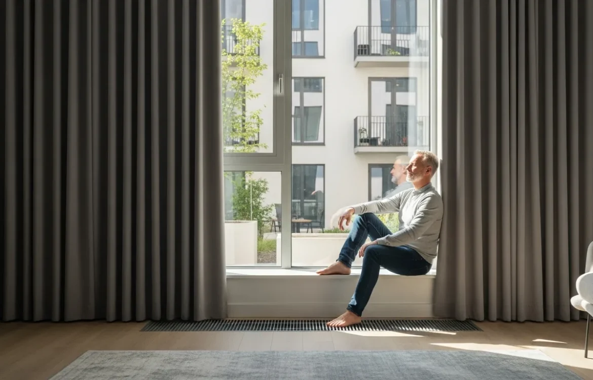 A man installing thick acoustic curtains to show how to block noise from apartment courtyard for a quiet home.
