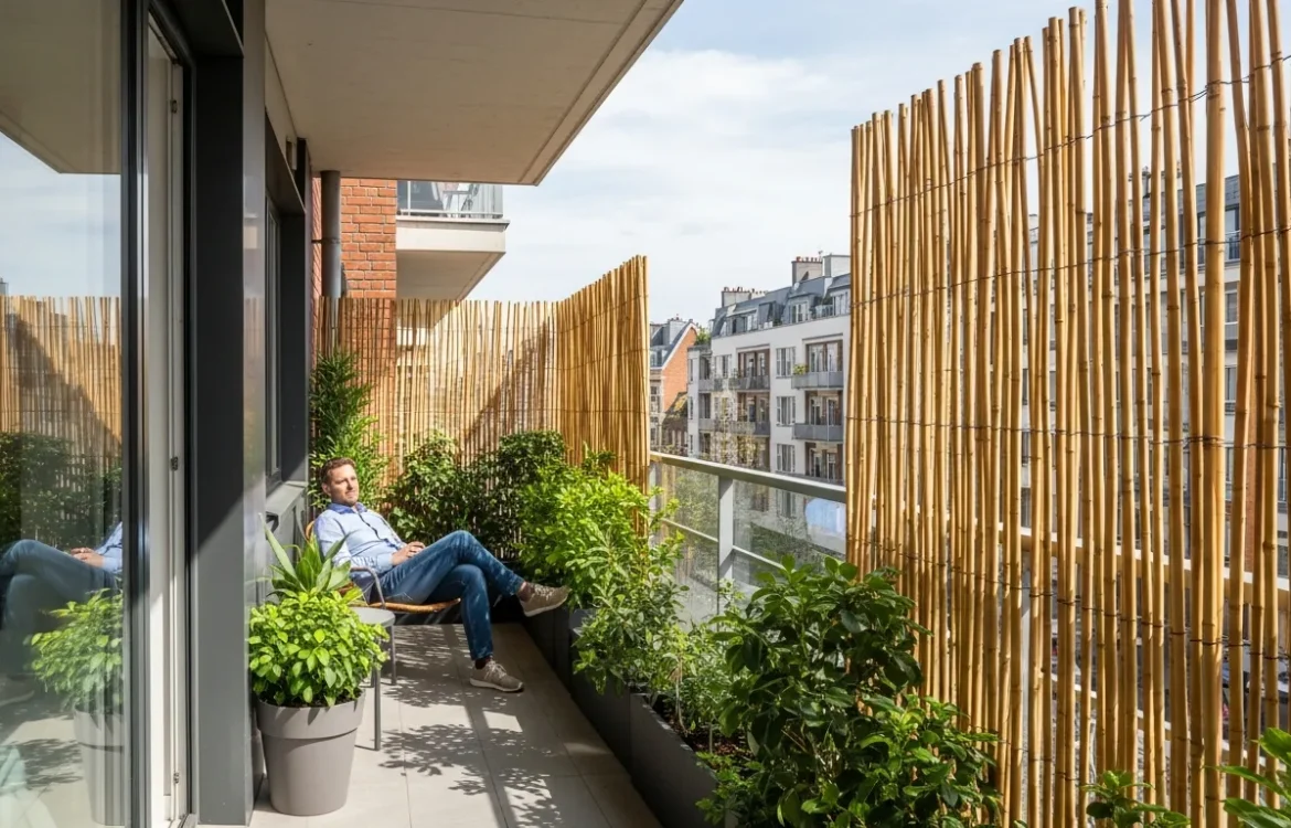 Learn how to block street view from your apartment balcony using stylish bamboo screens and lush potted plants.