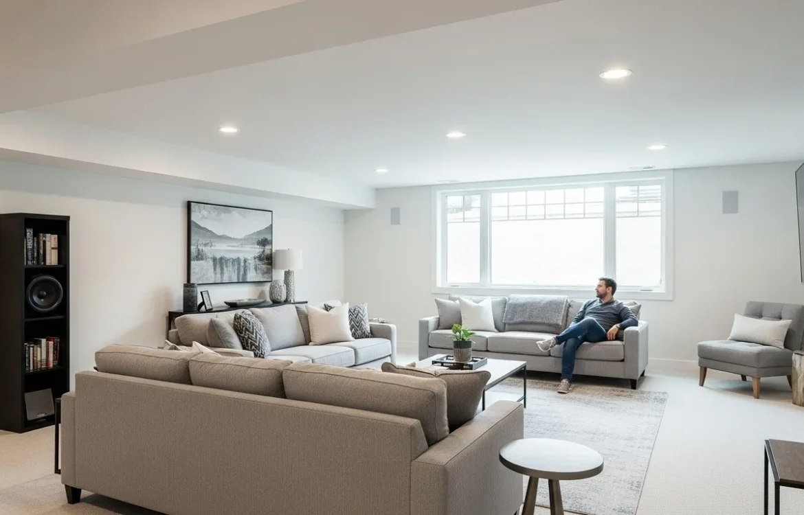 Modern interior design illustrating how to brighten up a basement level living room with white walls and warm lighting.