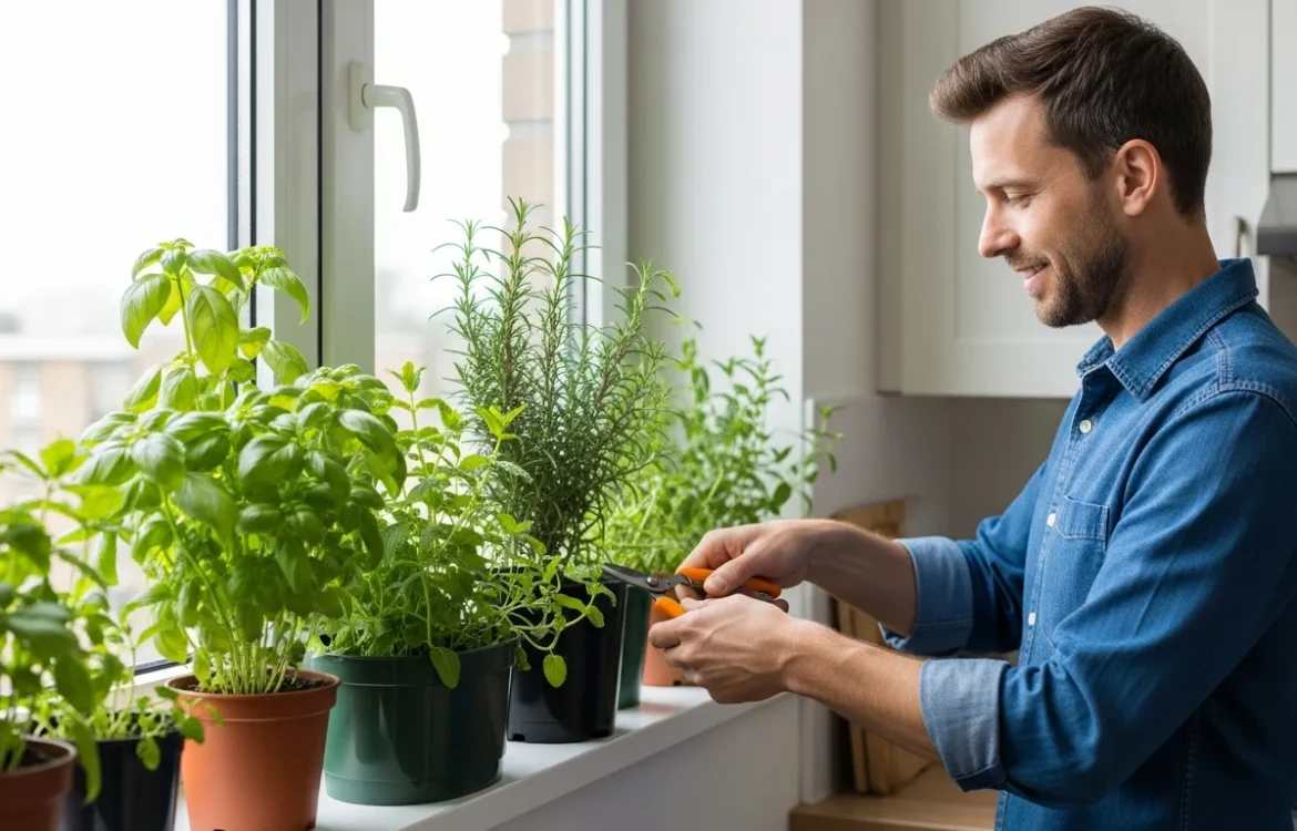 A man learning how to care for an indoor apartment herb garden on a sunlit kitchen windowsill.